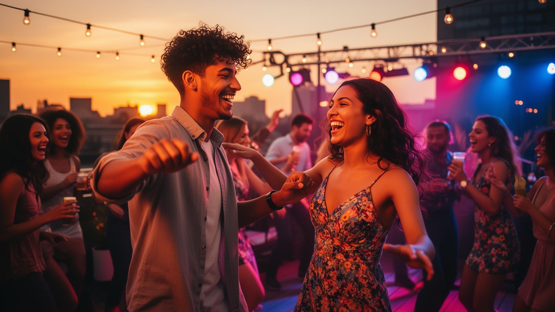 Big group of friends dancing together at a rooftop party with city skyline views