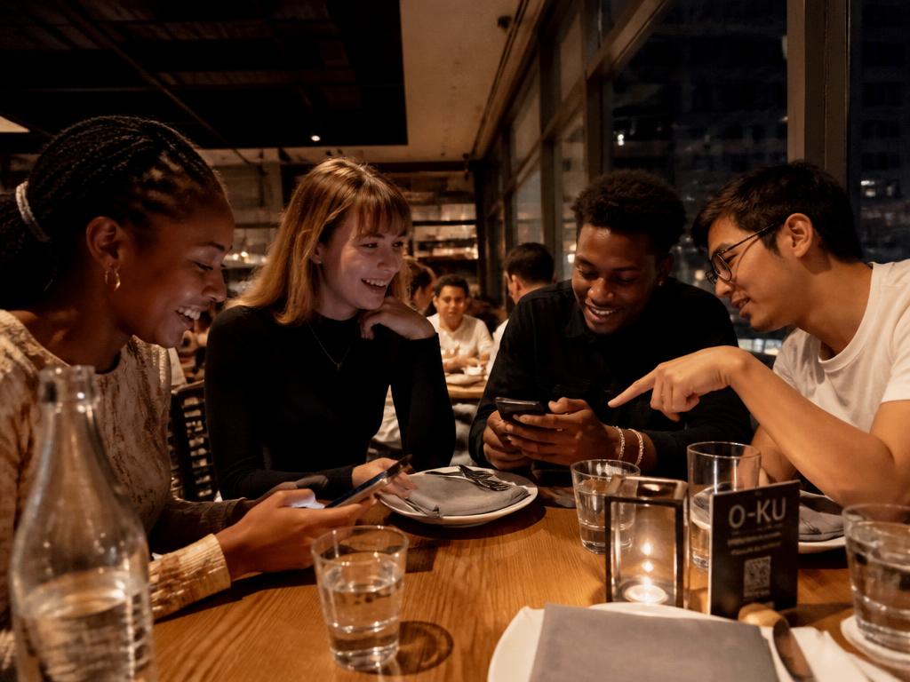 Friends planning a night out together at a restaurant table